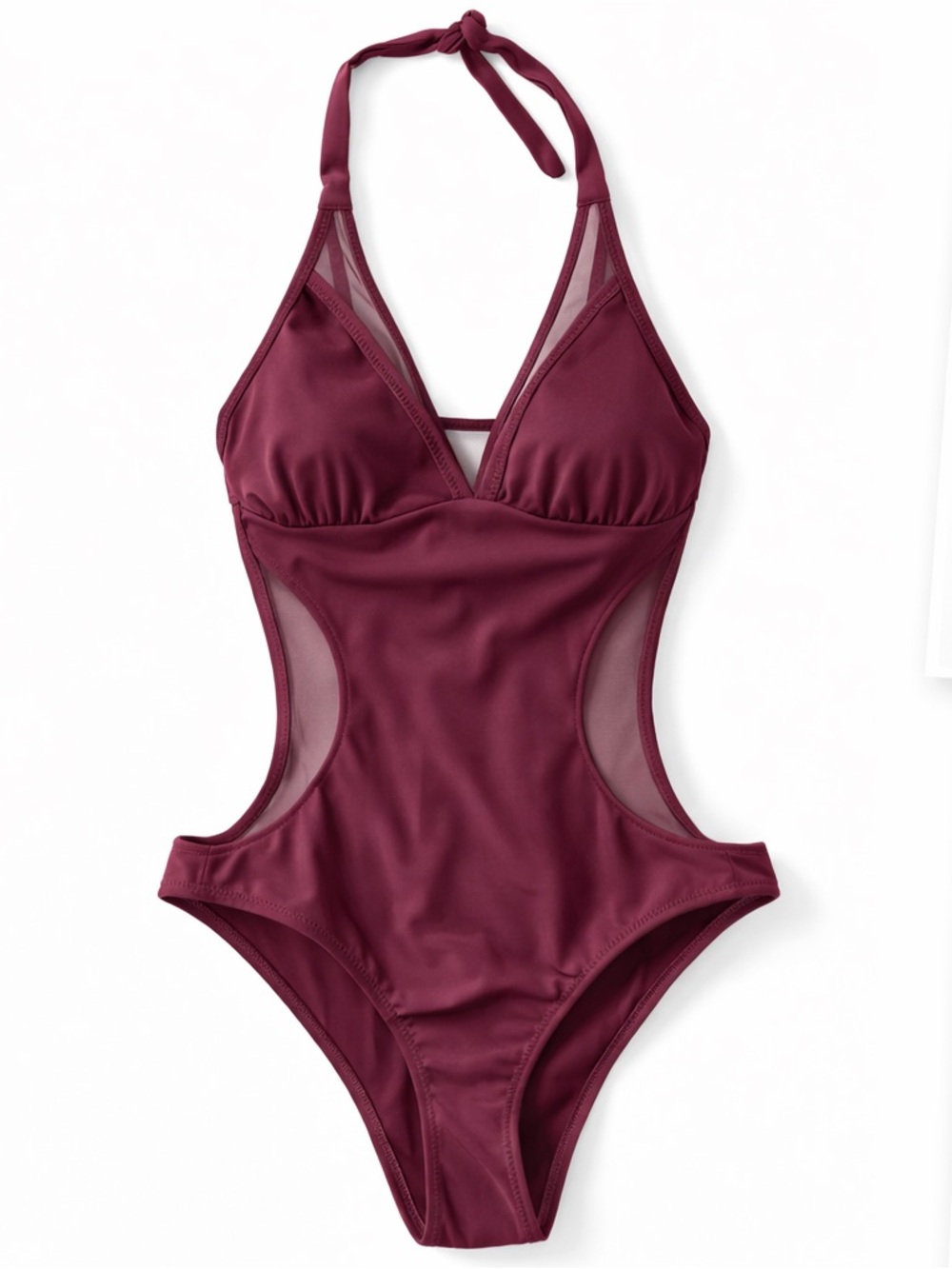Red Mesh Cutout One Piece Swimsuit Deep V Halter Sexy Minimalist Beach Festival